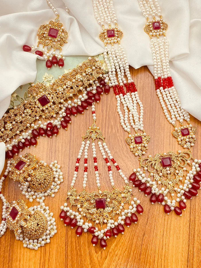 Gold plated 6 pcs Bridal Necklace with Mala Jhomer Tika & Jhumkaz