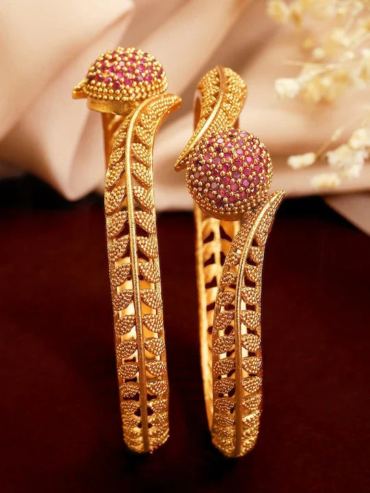 SET OF 2 GOLD-PLATED RED EMRALED STUDDED BANGELS